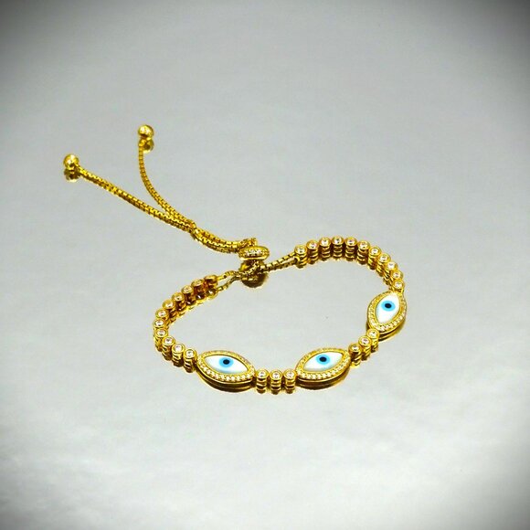 SAVVY CIE JEWELRY Gold Plated Mother of Pearl & Cubic Zirconia Evil Eye Bracelet - Picture 1 of 5